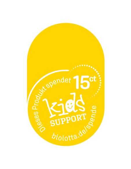 Gelbes Spendenetikett mit der Aufschrift „15 ct kids SUPPORT“ Gelbes Spendenetikett mit der Aufschrift „15 ct kids SUPPORT“