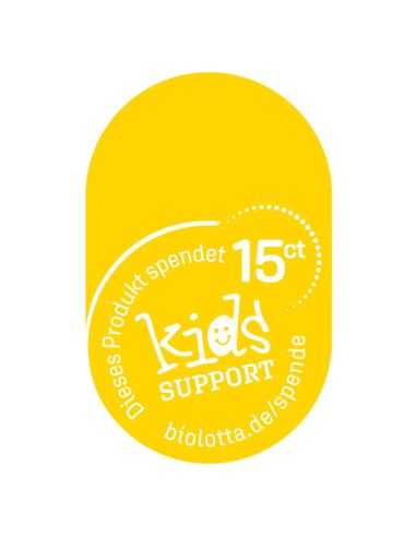 Gelbes Spendenetikett mit der Aufschrift „15 ct kids SUPPORT“
