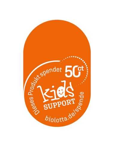 Orangefarbener Aufkleber mit weißem Text: „Dieses Produkt spendet 50 ct – kids SUPPORT“. Orangefarbener Aufkleber mit weißem Text: „Dieses Produkt spendet 50 ct – kids SUPPORT“.