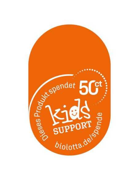 Orangefarbener Aufkleber mit weißem Text: „Dieses Produkt spendet 50 ct – kids SUPPORT“. Orangefarbener Aufkleber mit weißem Text: „Dieses Produkt spendet 50 ct – kids SUPPORT“.