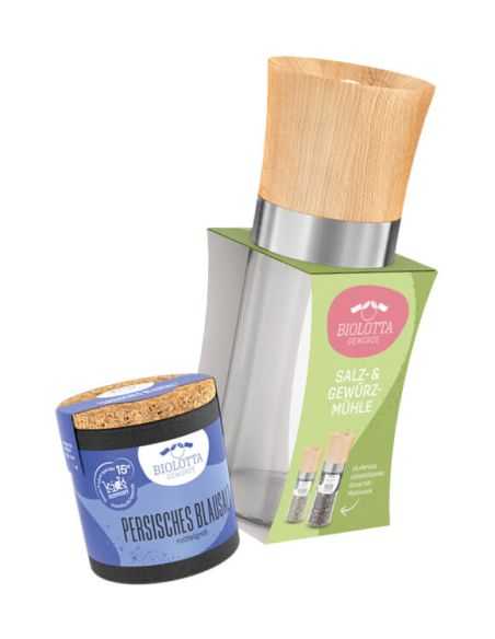 Set mit Salz- und Gewürzmühle mit Holzdeckel und blauer Dose Persisches Blausalz.