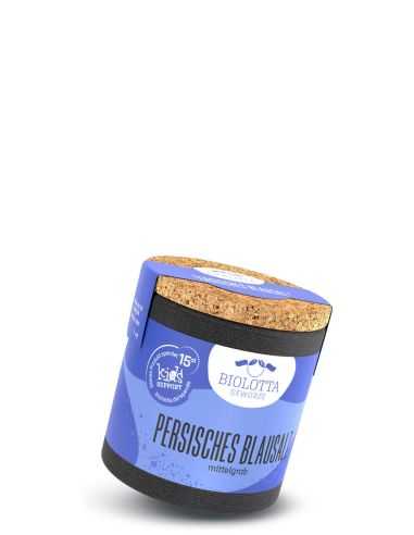 Blaue Dose Persisches Blausalz mit Korkdeckel und schwarzem Boden.