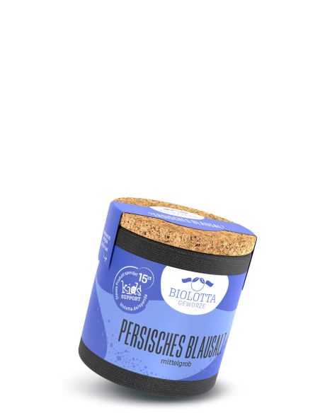Blaue Dose Persisches Blausalz mit Korkdeckel und schwarzem Boden.