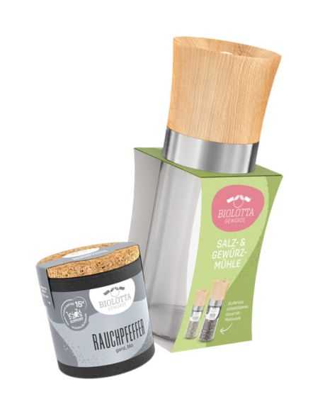 Set aus Salz- und Gewürzmühle mit Holzdeckel und grauer Dose Rauchpfeffer.