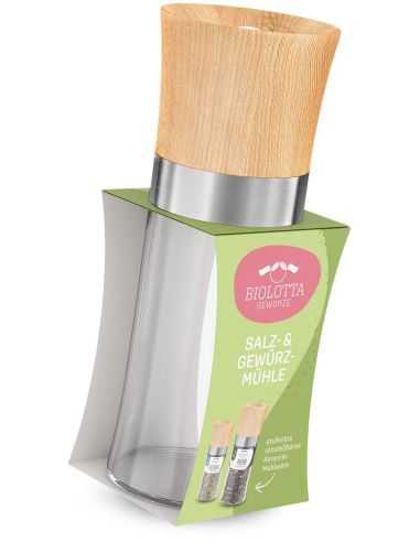 Transparente Mühle zum selbst befüllen mit Holzdeckel und grünem Etikett „Salz- & Gewürzmühle“.
