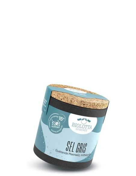 Schwarze Pappdose mit blaugrauem Etikett mit der Aufschrift Sel Gris, Guérande Meersalz, mittelgrob