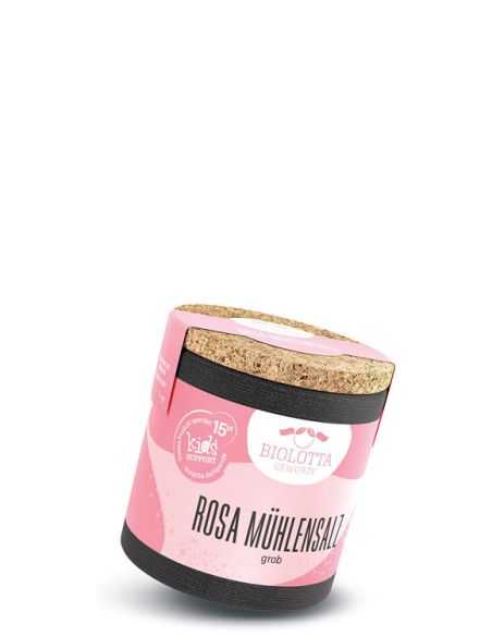 Schwarze Pappdose mit rosa Etikett mit der Aufschrift Rosa Mühlensalz, grob