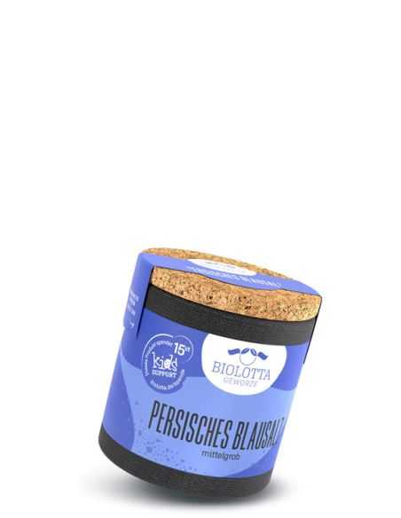 Schwarze Pappdose mit blauem Etikett mit der Aufschrift Persisches Blausalz, mittelgrob