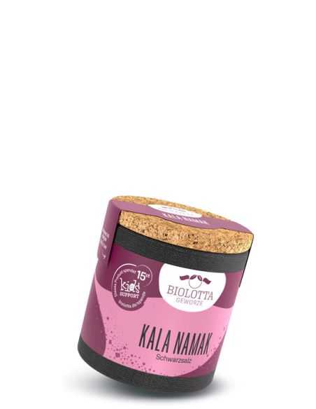 Schwarze Pappdose mit violettem Etikett mit der Aufschrift Kala Namak, Schwarzsalz