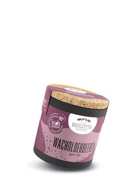 Schwarze Pappdose mit violettem Etikett mit der Aufschrift Wacholderbeeren, ganz, bio