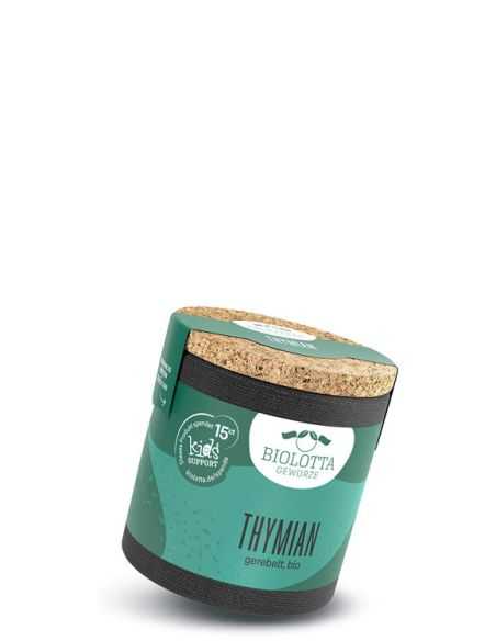 Schwarze Pappdose mit türkisgrünem Etikett mit der Aufschrift Thymian, gerebelt, bio