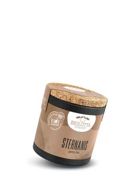 Schwarze Pappdose mit braunem Etikett mit der Aufschrift Sternanis, ganz bio