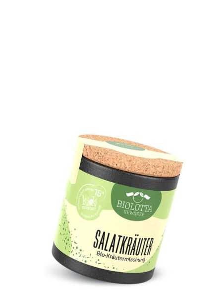 Schwarze Pappdose mit hellgrünem Etikett mit der Aufschrift Salatkräuter, Bio-Kräutermischung