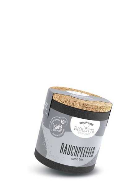 Schwarze Pappdose mit grauem Etikett mit der Aufschrift Rauchpfeffer, ganz, bio