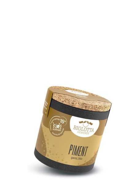 Schwarze Pappdose mit braunem Etikett mit der Aufschrift Piment, ganz, bio