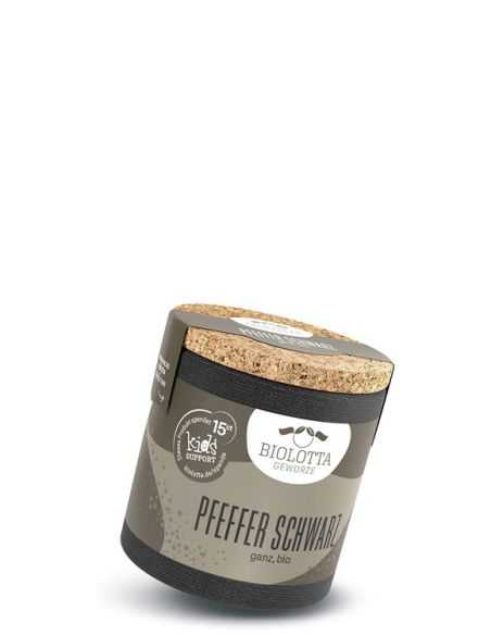 Schwarze Bio_Pappdose mit Etikett und Korkdeckel, beschriftet mit „Pfeffer Schwarz ganz, bio“.