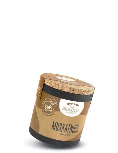 Runde, braune Gewürzdose mit Korkdeckel und schwarzem Bodenring. Auf dem Etikett steht „Muskatnuss ganz, bio“.