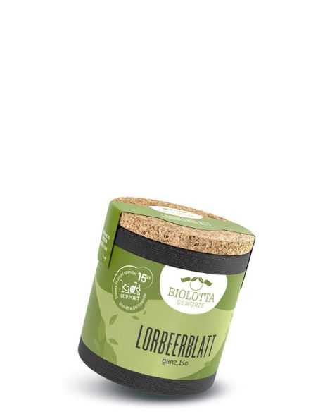 Grüne Gewürzdose mit Korkdeckel, darauf steht "Lorbeerblatt, ganz, bio".