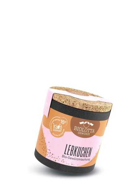 Schwarze Pappdose mit rosa-braunem Etikett mit der Aufschrift Lebkuchen, Bio-Gewürzmischung