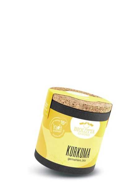 Schräg stehende gelbe Gewürzdose mit Korkdeckel und schwarzem Boden, Aufschrift „Kurkuma, gemahlen, bio“.