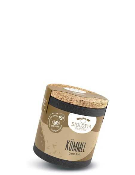 Braun-beige Gewürzdose mit schwarzem Boden und Korkdeckel, leicht schräg stehend, mit der Aufschrift „Kümmel, ganz, Bio“.
