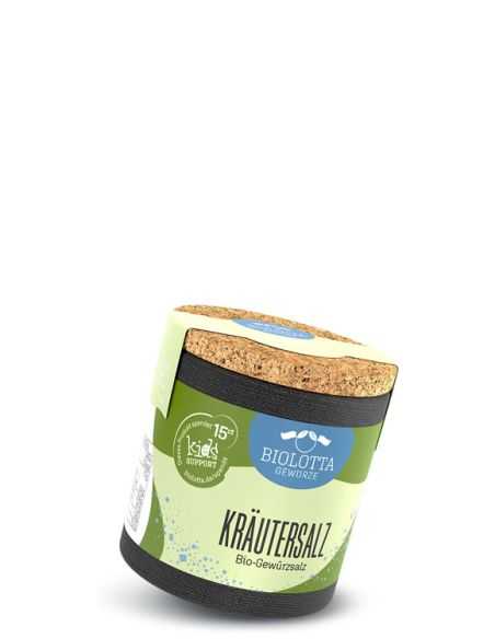 Schwarze Pappdose mit hellgrünem Etikett mit der Aufschrift Kräutersalz, Bio-Gewürzsalz