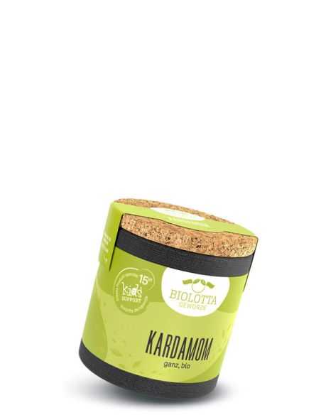 Grüne Pappdose mit Korkdeckel und der Aufschrift „Kardamom“