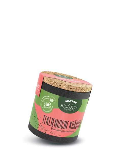 Schwarze Pappdose mit grün-rotem Etikett mit der Aufschrift Italienische Kräuter, Bio-Gewürzmischung