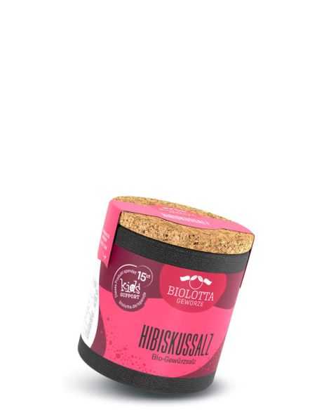 Schwarze Pappdose mit pinkem Etikett mit der Aufschrift Hibiskussalz, Bio-Gewürzsalz