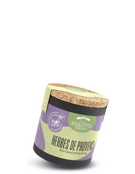 Schwarze Pappdose mit hellgrün-lila Etikett mit der Aufschrift Herbes de Provence, Bio-Gewürzmischung