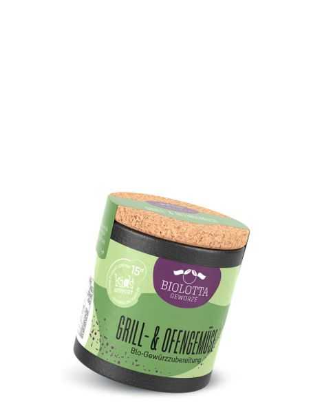 Schwarze Pappdose mit grünem Etikett mit der Aufschrift grill- & ofengemüse – bio-gewürzzubereitung