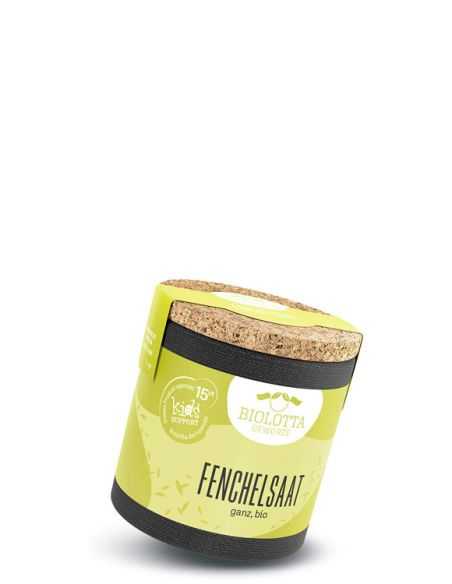 Biolotta Pappdose mit grünem Etikett und Aufschrift „Fenchelsaat ganz, bio“.