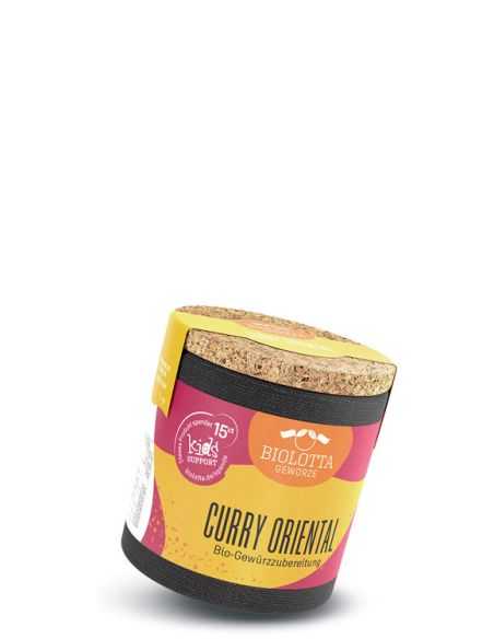 Schräge, zylindrische Pappdose mit gelb-pinker Gestaltung und Korkdeckel, vorn beschriftet mit "Curry Oriental".