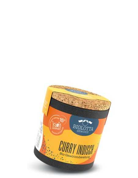 Schwarze Pappdose mit orange-gelbem Etikett mit der Aufschrift Curry Indisch, Bio-Gewürzzubereitung