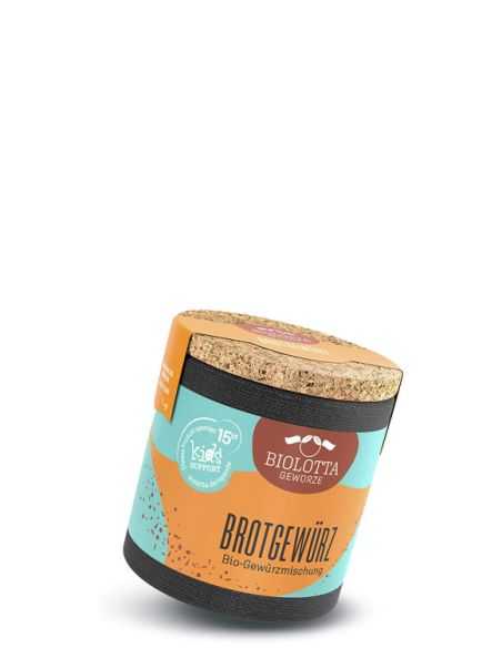 Pappdose mit orangem und türkisfarbenem Etikett, Aufschrift: Brotgewürz