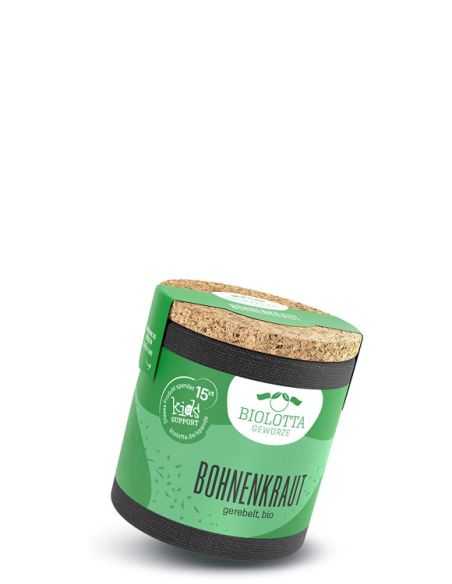 Grüne Bio-Pappdose mit der Aufschrift „BOHNENKRAUT“. Grüne Bio-Pappdose mit der Aufschrift „BOHNENKRAUT“.