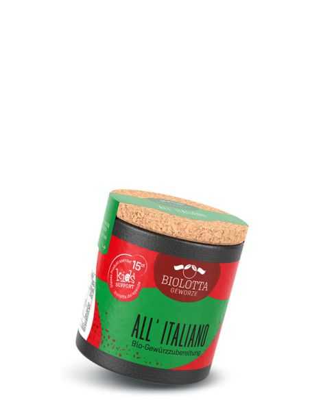 Schwarze Pappdose mit grün-rotem Etikett mit der Aufschrift All’ Italiano, Bio-Gewürzzubereitung