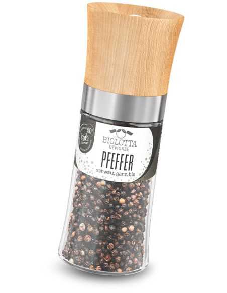 Transparente Gewürzmühle mit schwarzem Etikett mit der Aufschrift „PFEFFER schwarz, ganz, Bio“ und Holzdeckel.