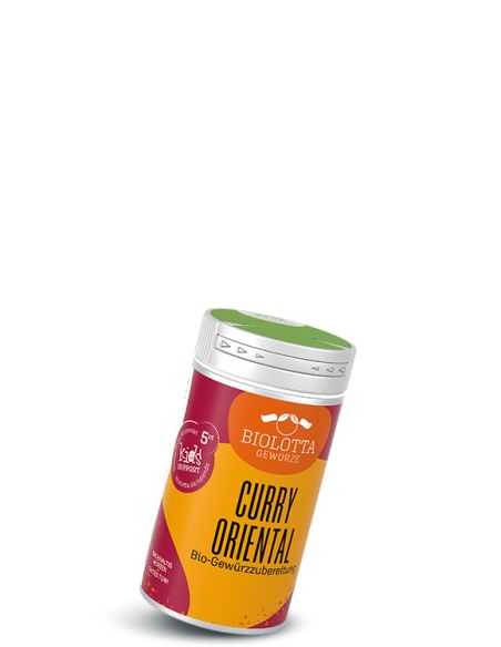 Gewürzstreuer mit zweifarbigem Etikett in Dunkelrot und Gelb mit der Aufschrift Curry Oriental, Bio-Gewürzzubereitung Gewürzstreuer mit zweifarbigem Etikett in Dunkelrot und Gelb mit der Aufschrift Curry Oriental, Bio-Gewürzzubereitung