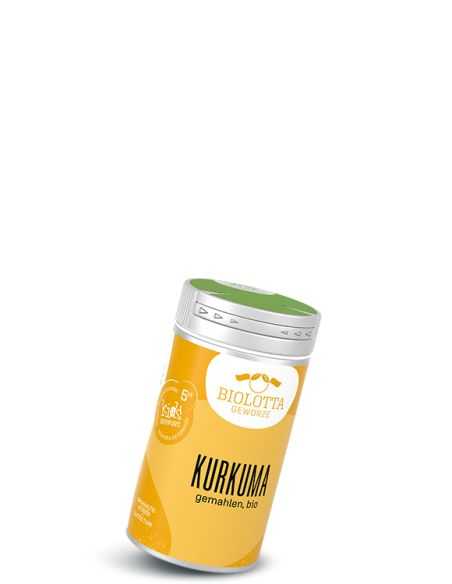 Gelber Gewürzstreuer mit weißem Etikett mit der Aufschrift Kurkuma, gemahlen, bio Gelber Gewürzstreuer mit weißem Etikett mit der Aufschrift Kurkuma, gemahlen, bio