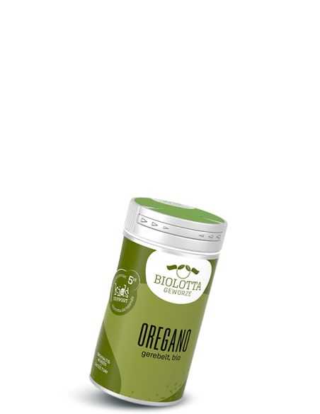 Schwarze Pappdose mit olivgrünem Etikett mit der Aufschrift Oregano, gerebelt, bio
