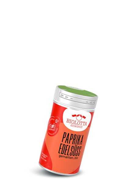 Schwarze Pappdose mit rotem Etikett mit der Aufschrift Paprika Edelsüß, gemahlen, bio Schwarze Pappdose mit rotem Etikett mit der Aufschrift Paprika Edelsüß, gemahlen, bio