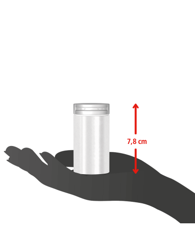 Eine Metalldose mit silbernem Deckel steht auf einer Handfläche. Daneben ein Pfeil mit der Höhenangabe „7,8 cm“. Eine Metalldose mit silbernem Deckel steht auf einer Handfläche. Daneben ein Pfeil mit der Höhenangabe „7,8 cm“.