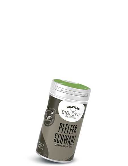 Schwarze Pappdose mit grauem Etikett mit der Aufschrift Pfeffer Schwarz, gemahlen, bio