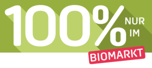 BioLotta Header Grüne Grafik mit weißer Aufschrift „100 % nur im“ und einem roten Schriftzug „Biomarkt“ darunter.