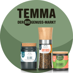 Drei Biolotta-Gewürzprodukte vor grünem Hintergrund mit dem Logo „TEMMA – Der Bio-Genuss-Markt“, darunter Sel Gris, Curry Masala und Guacomole