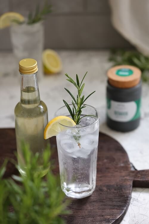 Kräutersirup mit BioLotta Tontopf-Kräutern und ein erfrischender Cocktail mit Gin, Zitrone und Tonic – ideal für den Grillabend im Sommer.