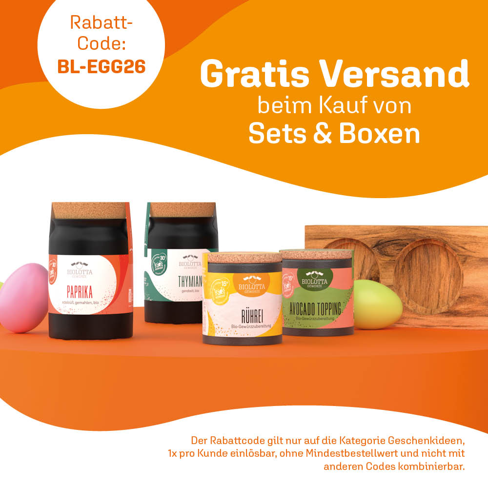 Gratis Versand f&uuml;r Gew&uuml;rz Sets & Boxen zu Ostern &ndash; Rabattcode BL-EGG26 f&uuml;r Bio Gew&uuml;rze und Geschenkideen